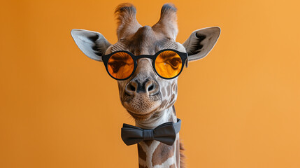 creative poster with a giraffe wearing glasses and a butterfly on his neck