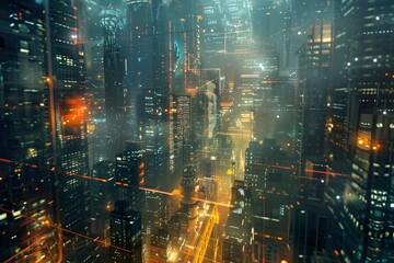 Diverse fractal realms illuminated by numbers and lights, representing technology, data, and the beauty of cyberspace in a cityscape
