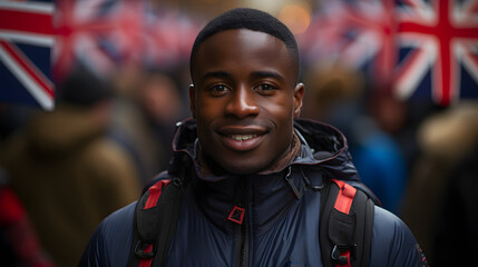  Friendly Smile Amidst Union Jack Flags, Embracing Classic British Vibes.