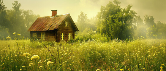 Solitude haven amidst whispers of nature. A charming house stands peacefully in a vast field of lush, tall grass under a clear sky, creating a serene and idyllic scene - obrazy, fototapety, plakaty