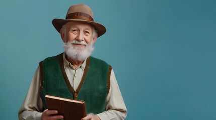 Elderly man in a fedora holding a brown ledger - obrazy, fototapety, plakaty