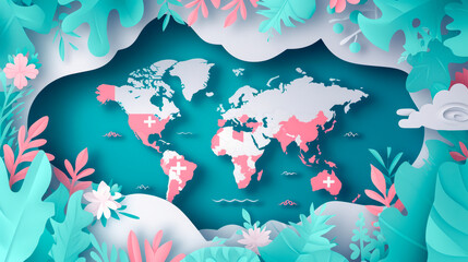 Fototapeta na wymiar 3D paper world map with floral elements, suitable for educational materials, global events, and eco-friendly campaigns.