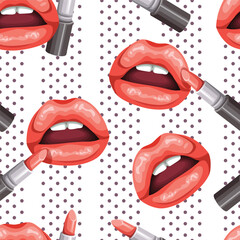 Seamless pattern of plump lips, luxurious lipstick and polka-dot. It's a pattern that looks feminine and bright. Pattern for fabric and wrapping paper, Pattern for design wallpaper and fashion prints.