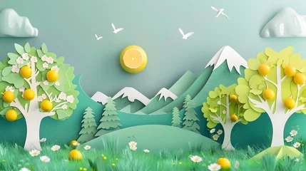 Rolgordijnen Green environment, spring forest landscape with trees and flowers, paper cut art style, simple design, green background, simple shapes, paper craft, intricate details © Oleksandr