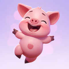 Joyful Pink Piglet, Laughing Happily, Levitating with Excitement, Soft Purple Background with Copy Space