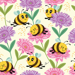 Fototapeta premium Seamless pattern of bees flying around the flowers and sleepy little bees sleeping comfortably on the flowers. Pattern for fabric and wrapping paper, Pattern for design wallpaper and fashion prints.