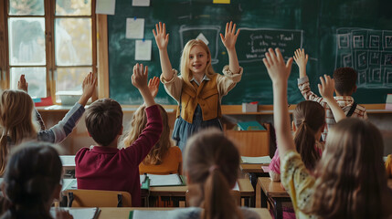 In the classroom, students of different ages raised their hands to the pale blonde teacher in front of the blackboard - obrazy, fototapety, plakaty