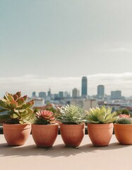 A collection of succulents in terracotta pots on a sunny terrace, with the city skyline in the background, creating a peaceful urban garden