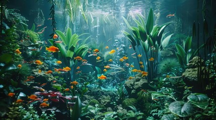 Obraz na płótnie Canvas A closed aquatic ecosystem with a variety of fish, plants, and microorganisms interacting in a balanced underwater world,