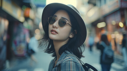 A fashionable young woman wearing a hat and sunglasses poses on a bustling city street, exuding cool urban style.