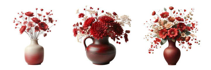 set of red flowers in a vase isolated on a JPG or transparent PNG background