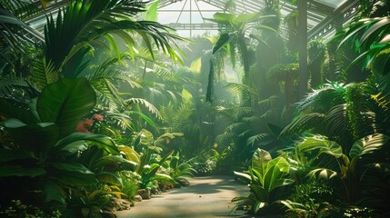 A closed botanical garden with a diverse collection of plants thriving under controlled conditions, creating a vibrant and sustainable microcosm,