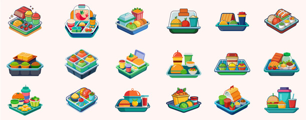 Fototapeta premium set of icons, container, tray with meals, Vector illustration. Isolated elements, design templates. Healthy food concept