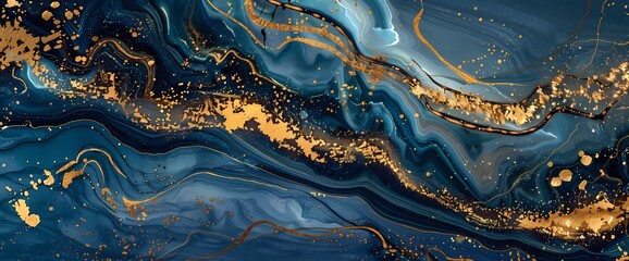 Dynamic layers of gold and blue elements converge, crafting an abstract artwork that exudes creativity and luxury.