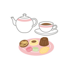 ティーセットと焼き菓子のイラスト（カラー）