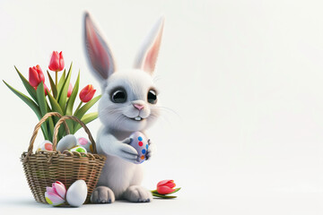 3D Easter bunny with tulips and a basket of Easter eggs on a white background. copy space.