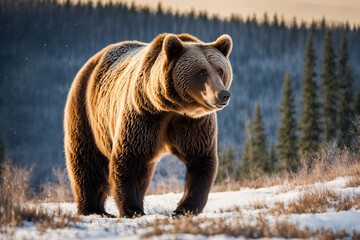 Big brown bear walking in the winter forest. Ranging or insomniac travelling bear.