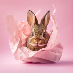A cute rabbit peeks out of pink crumpled paper.