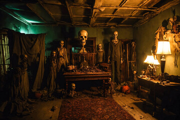 Quest room of horrors. Dark horror room with terrifying skeleton layouts.