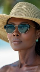 Fototapeta premium Woman Wearing Straw Hat and Sunglasses