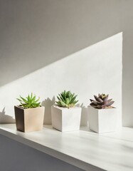 A sleek, white shelf in a bright, minimalist kitchen, hosting a row of small succulents in geometric concrete pots, accentuating modern simplicity.
