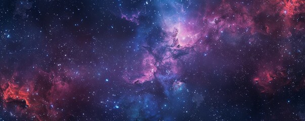 Sweeping panoramic view of a vibrant, colorful space nebula
