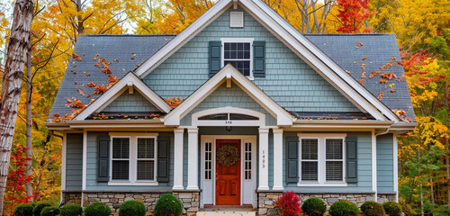 A charming craftsman-style house with vividly colored window shutters and a front door set against a stunning backdrop of fall leaves