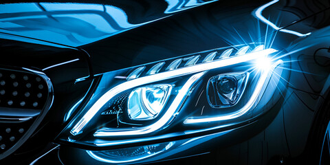 Close up modern car Headlights Concept green light