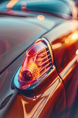 A close-up shot of a car's resonator tip, bathed in the warm glow of sunlight and showcasing its vibrant colors. - obrazy, fototapety, plakaty