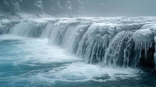  A waterfall draped in ice cascades into a snow-capped body of water below