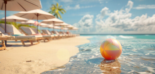 Fototapeta na wymiar A colorful beach ball gently slides on the smooth sand as a serene beach landscape with a series of beach chairs and umbrellas arranged along the shoreline
