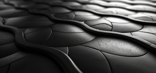   A detailed image of a black-and-white photograph showcasing a snakeskin pattern etched onto a piece of leather, with water droplets clinging to its surface