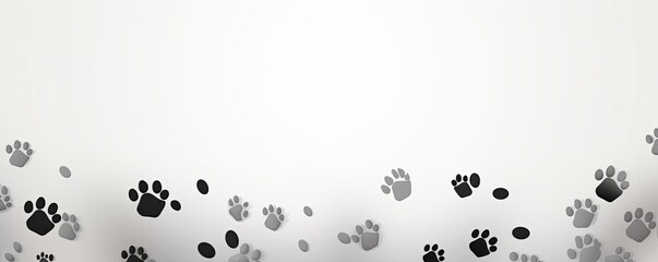 Gray paw prints on a background, minimalist backdrop pattern with copy space for design or photo, animal pet cute surface 