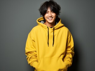 Young Man in a Yellow Hoodie Posing for a Picture