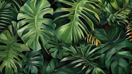 Group background of dark green tropical leaves ( monstera, palm, coconut leaf, fern, palm leaf,banana leaf) Panorama background. concept of nature
