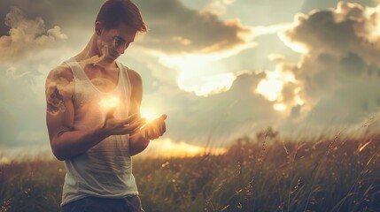 Spiritual, awakening, mindfulness concept. A human figure holding light in hands, with light emanating from the chest, symbolizing self-knowledge, spirituality, and meditation