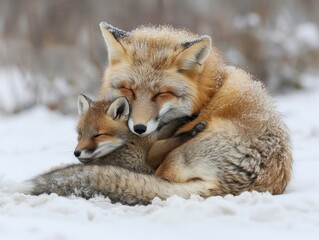 Naklejka premium Intimate Moment Between Two Red Foxes in Snowy Winter Landscape Embracing Each Other with Affection