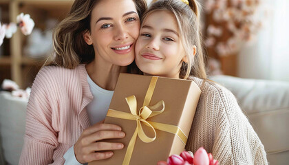 Daughter with present for Mother's Day. Loving teenage girl gives gift box to mom on eve of eighth of March or mother day. Child kisses hugs woman after presenting. Family love - Powered by Adobe