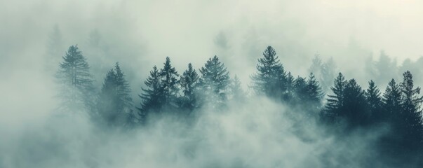Misty forest silhouettes at dawn - obrazy, fototapety, plakaty