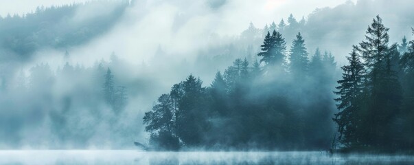 Misty forest panorama at dawn