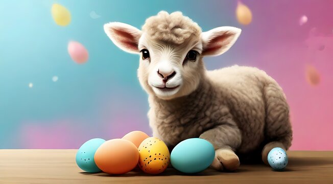 white lamb among colorful eggs on a green meadow, pastel colors, her photo looks like, a picture for Easter.