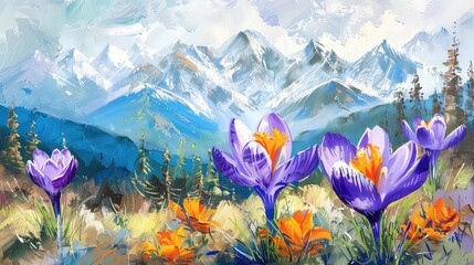 Multicolor Crocus flowers garden in the front of snowy mountain in early spring