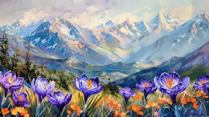 Multicolor Crocus flowers garden in the front of snowy mountain in early spring