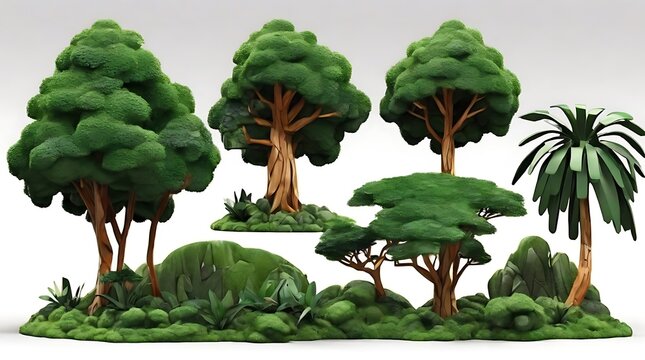 Jungle rain forest trees shapes cutout 3d render