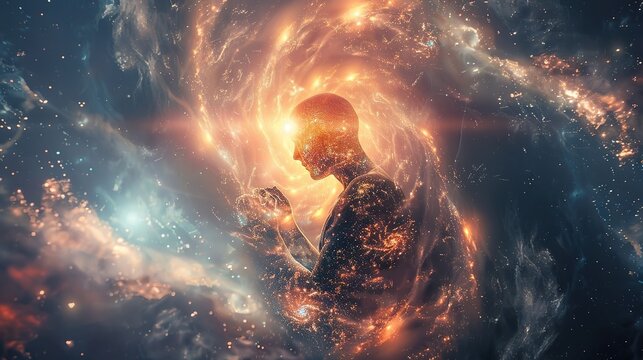 Spiritual, awakening, mindfulness concept. A silhouette of a person symbolically connecting with the universe, embodying spirituality and the essence of the higher self, soul, and divine energy
