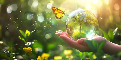close up a flying butterfly's earth crystal glass globe ball and growing transparent sun shining background  - obrazy, fototapety, plakaty