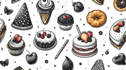   A variety of cakes and pastries on a white background with black and white polka dots
