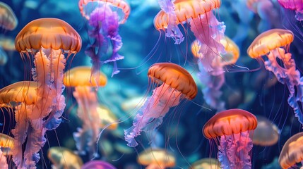 Naklejka premium A group of colourful luminescent jellyfish swimming in the deep sea