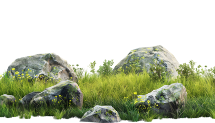 Greenery grass fields meadow row with rocks composition cutout backgrounds 3d rendering