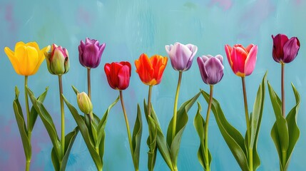 A tulip displaying a spectrum of colors against a backdrop of a blue spring sky, embodying the essence of the spring season.